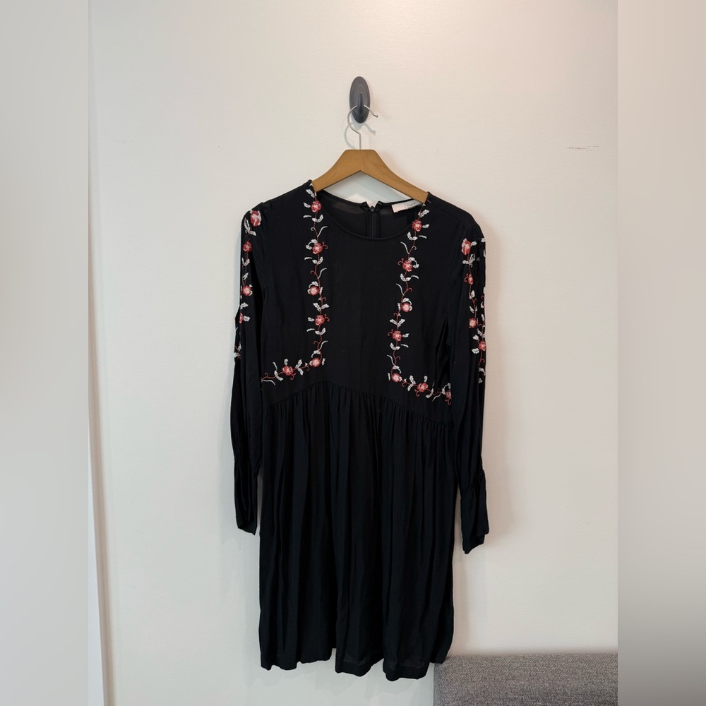 LOFT Black Dress with Pink Floral Embroidery with Split Sleeve